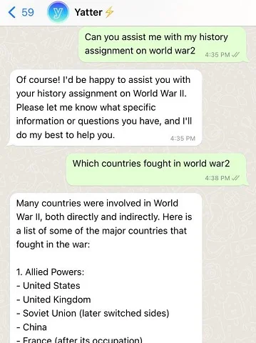 yatter chatbot on Whatsapp helping in assignment completion