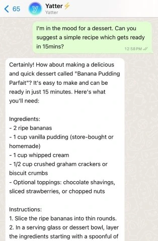 yatter ai on whatsapp giving delicious dessert recipes 