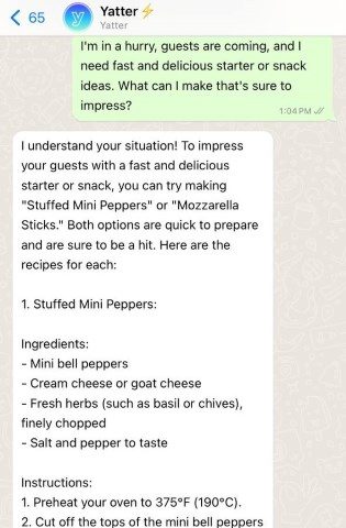 yatter ai  on whatsapp giving recipes