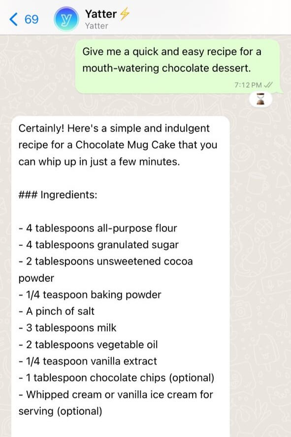 Yatter AI providing recipes on whatsapp