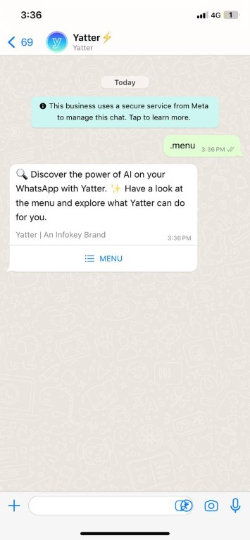 yatter ai provides menu on whatsapp