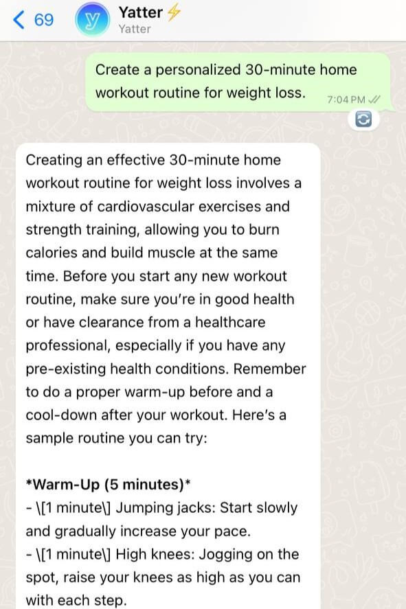 Yater providing workout routines on WhatsApp